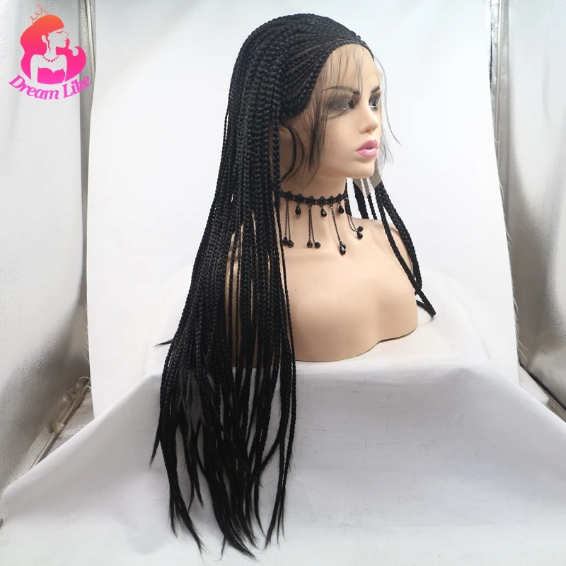 Dianteiras do Laço para o Cabelo Sintético para Mulheres Caixa de Trança Resistente ao Calor Longas do Laço Dream Como Perucas Trançadas Negras Peruca Pretas 3 Cheap Peruca sintética