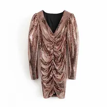 จีบเลื่อมมินิห่อผู้หญิงฤดูใบไม้ร่วง Slim V คอสูงเอวแขนยาวหญิง holographic PARTY Dress vestidos(China)