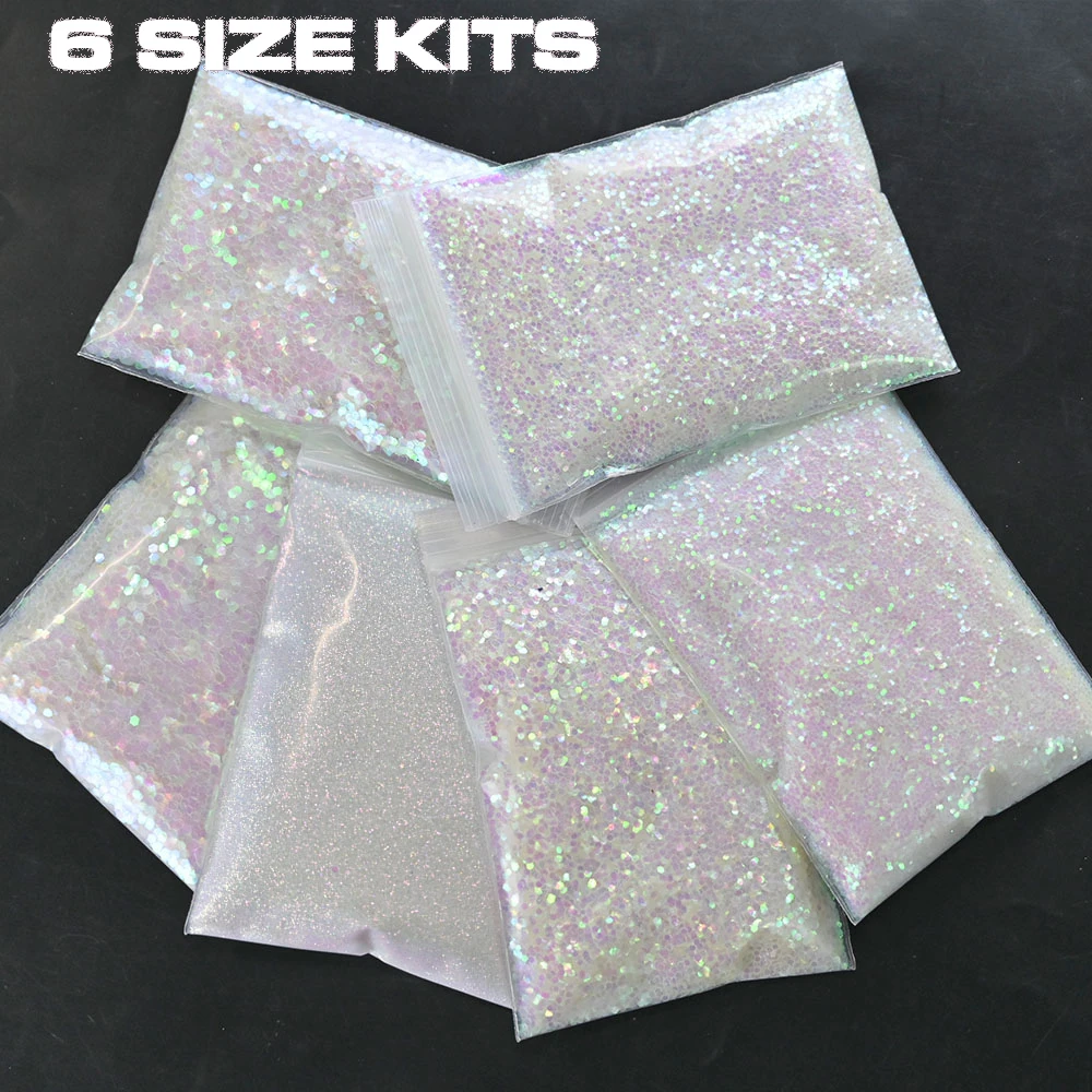 

60g-6Size Kits-Nails Aurora Nail Glitter Powder Gradient Hexagon Glitter Holographic Iridescent Flakes Slice Sparkly Chunky Dec