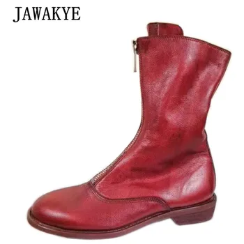 

New Martin Boots Women Round Toe Wine Red Black Real Leather Ankle Boots Woman Fashion Pleated Front Zip Old Made Boots Femme