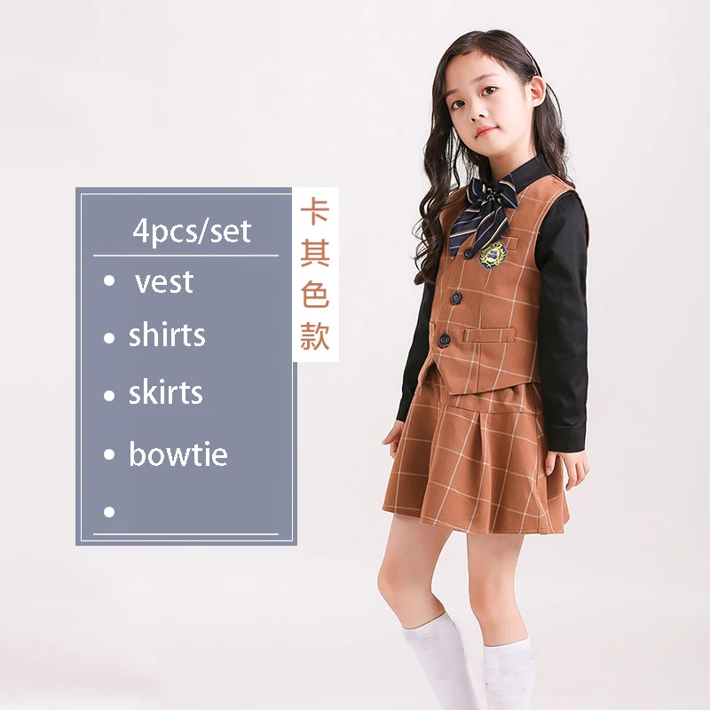 girls 4pcs khaki Детский комплект с жилетом в школьном стиле; сезон весна-осень; униформа для начальной школы; жилет для мальчиков и девочек; брюки; рубашки с бантом - Цвет: girls 4pcs khaki