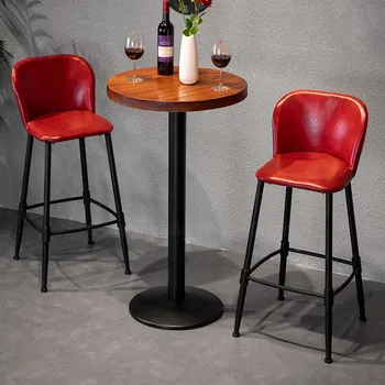 

Modern European Bar Chair Simple Iron Bar Stool Solid Wood Table and Chair Combination Bar Chairs High Stool Backrest Set