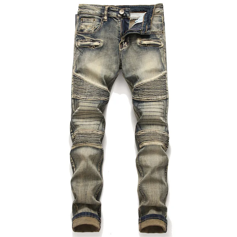 

Hot Selling Origional Design Retro Blue Joint Creased Men's pencil pants Elasticity Locomotive Jeans