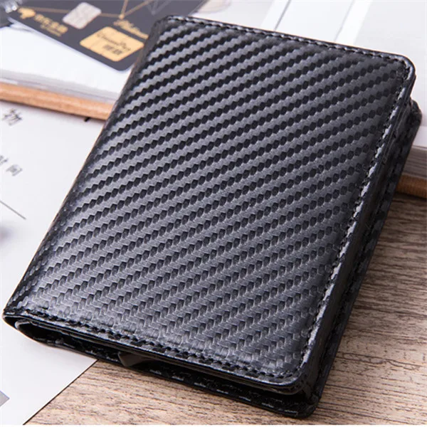 BYCOBECY из искусственной кожи RFID модный кошелек алюминиевая коробка Высокое качество Многофункциональный чехол для визиток Pop Up держатель для карт - Цвет: Carbon Black X-54