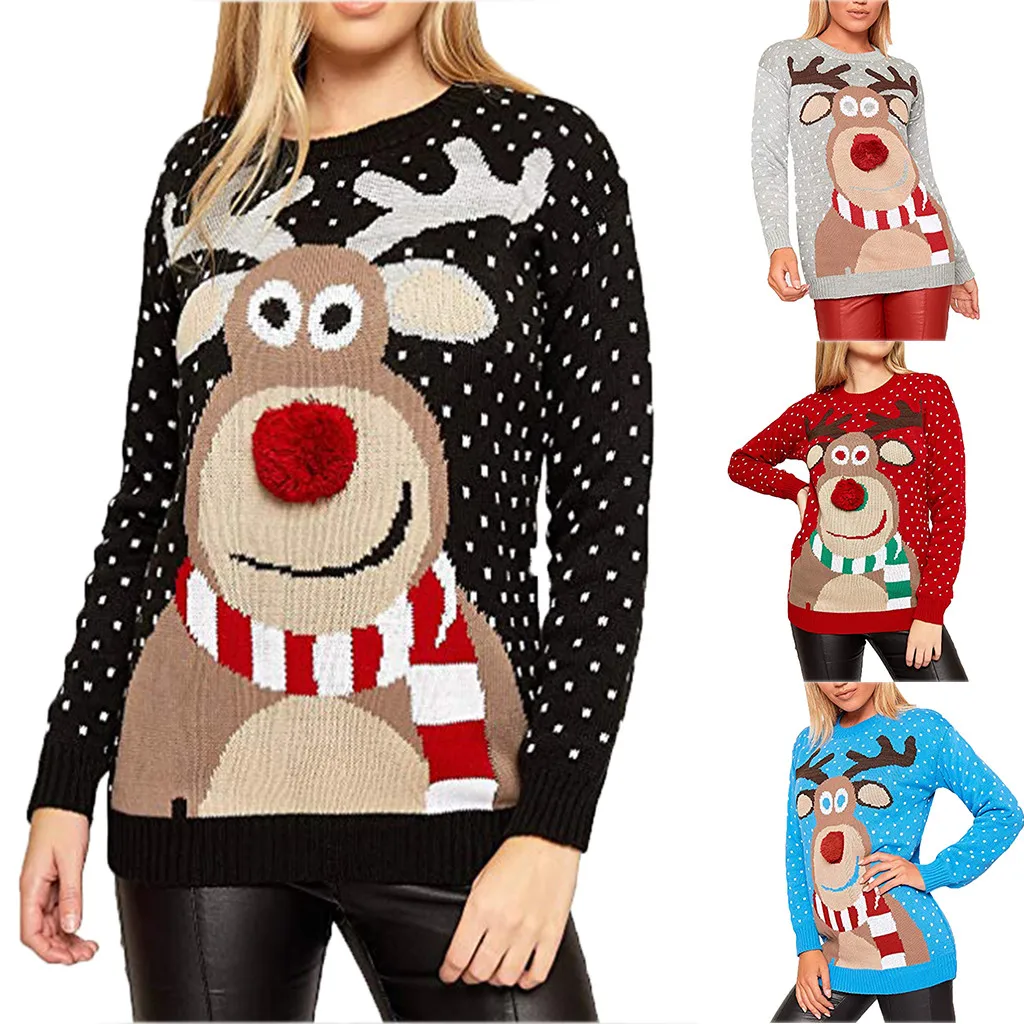 Рождественский женский свитер с рождественским оленем, теплый вязаный свитер с длинным рукавом, джемпер, топ, блузка, зимнее пальто для женщин