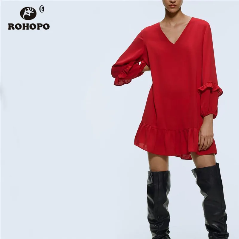 

ROHOPO Solid Mini Dress Red Black V Collar Ruffed Cuff and Hem Autumn Dresses Ladies Long Sleeve Holiday Mini Vestido #19186