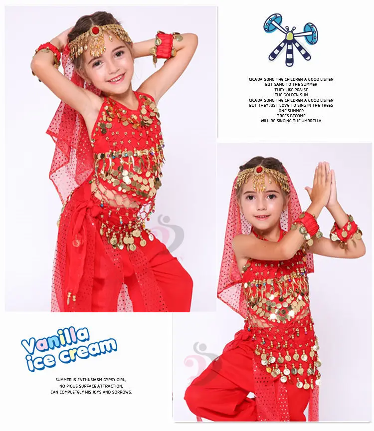 Детский набор костюма для танца живота Индийский Болливуд Восточный Египетский танец живота юбка для девочек танец живота топ брюки хип шарф