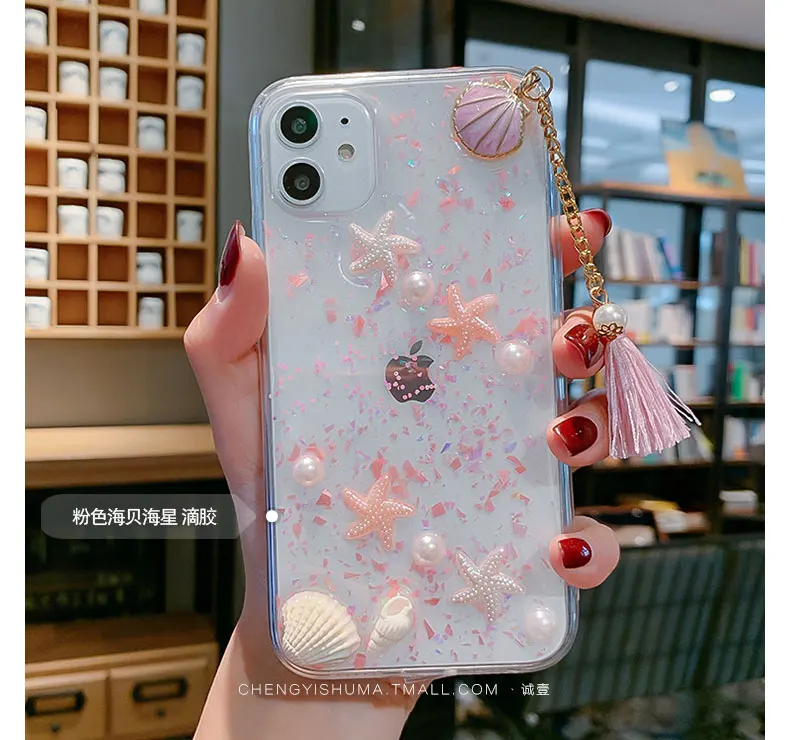 Для iPhone 11» бетонный завод/XS Max океана чехол 3D раковина морской звезды мягкий чехол для iPhone X XR 7 8 6splus Прозрачная крышка для iPhone 8plus с кисточкой - Цвет: Розовый
