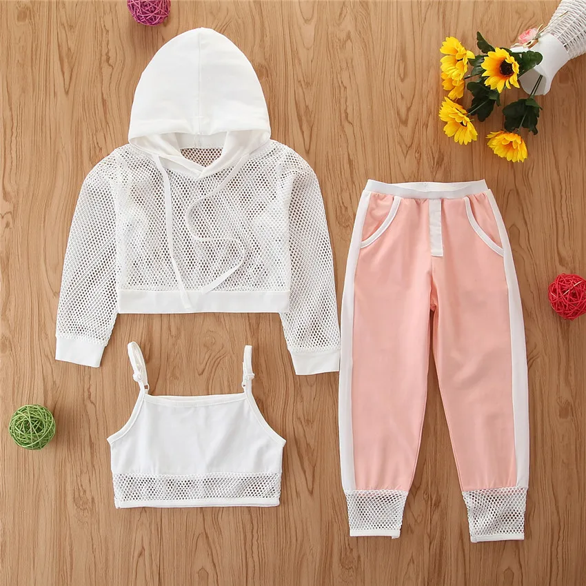 Girls Clothing Set Kids Clothing Set 3Pcs Fashion Baby Girl Clothes Summer Hollow Coat + Suspenders + SweatPants Outfits