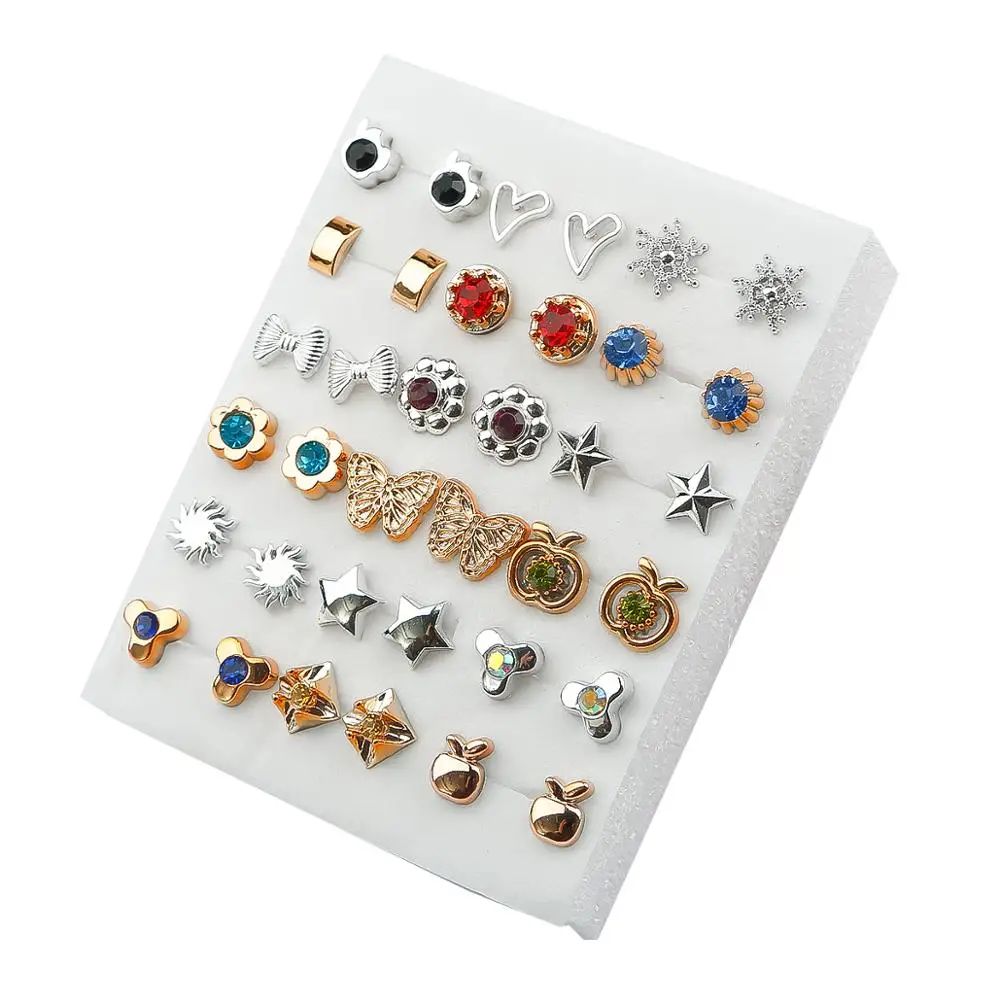 18/36 paires de petites boucles d'oreilles en cristal acrylique pour femme, ensemble de bijoux en plastique pour fille, cœur, étoile, Animal, lune, couronne 9