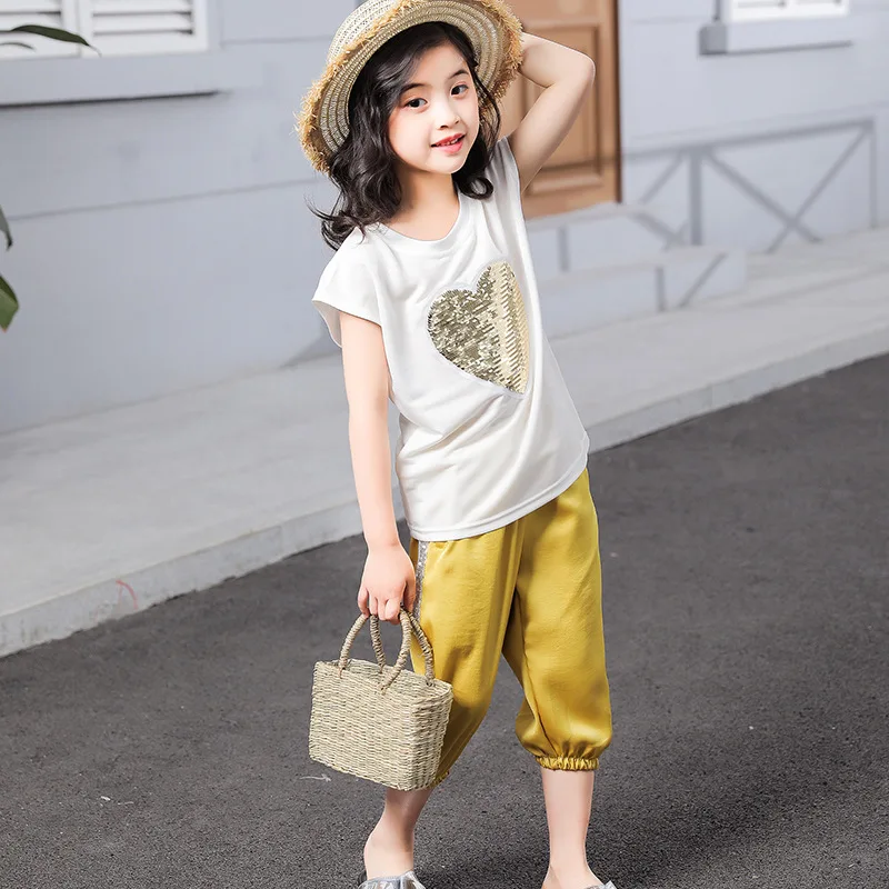 

2019 Summer New Style Heart Sequin Short Sleeve Capri Pants Set-Style Korean-style Trend GIRL'S Suit Two-Piece Set