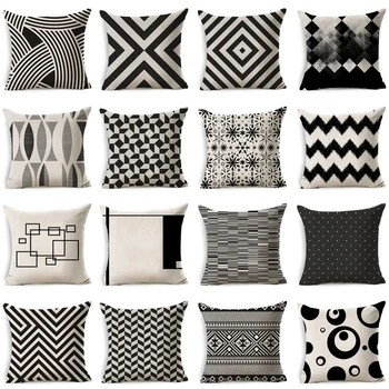 Funda de almohada de lino y algodón con diseño geométrico, Funda de cojín decorativa en blanco y negro para coche, hogar, sofá, cama, 40198