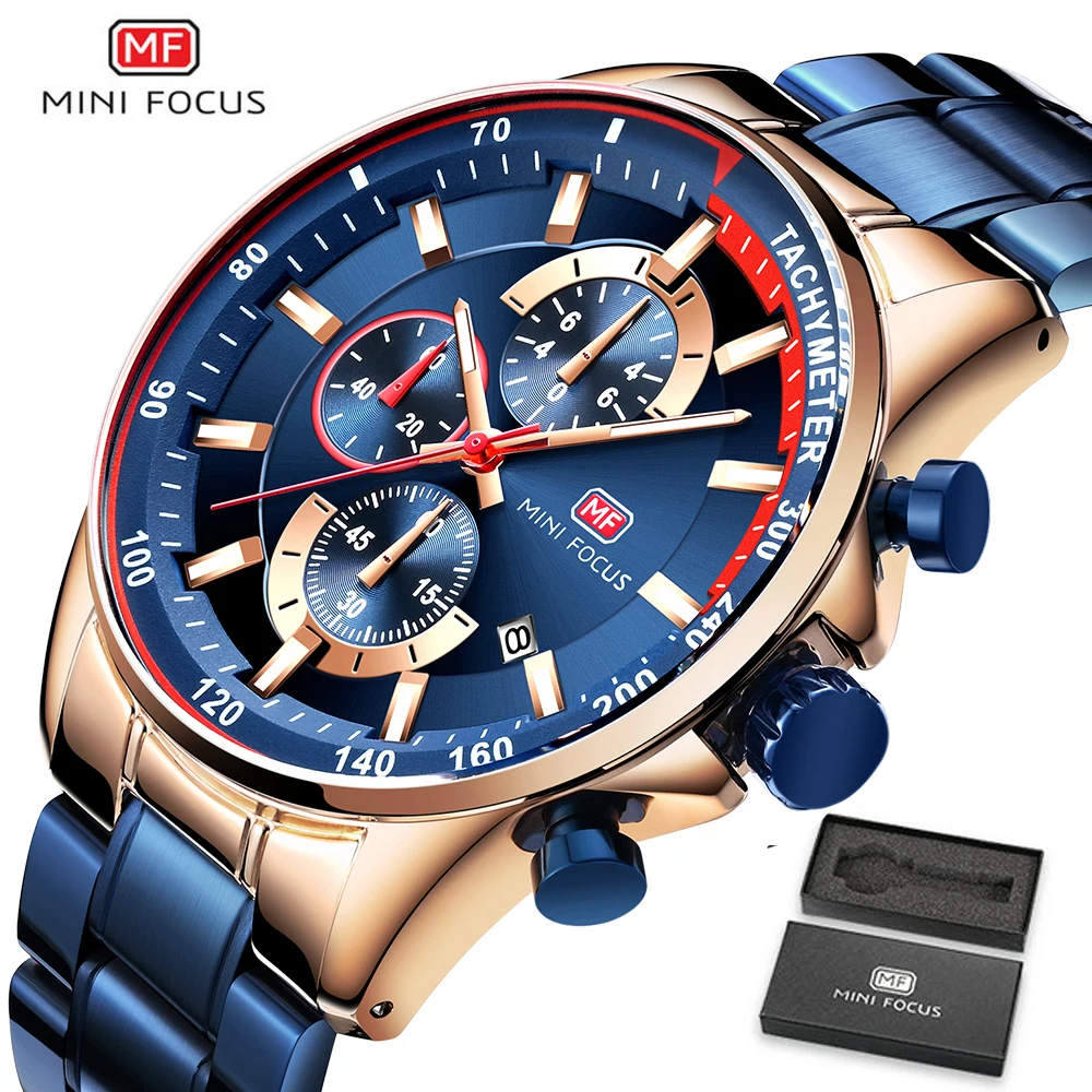 

MINI FOCUS 2019 Fashion Blue Watch Mens Quartz Clock Metal Strap Multifunction Calendar Sports Men Watches Top Brand Luxury