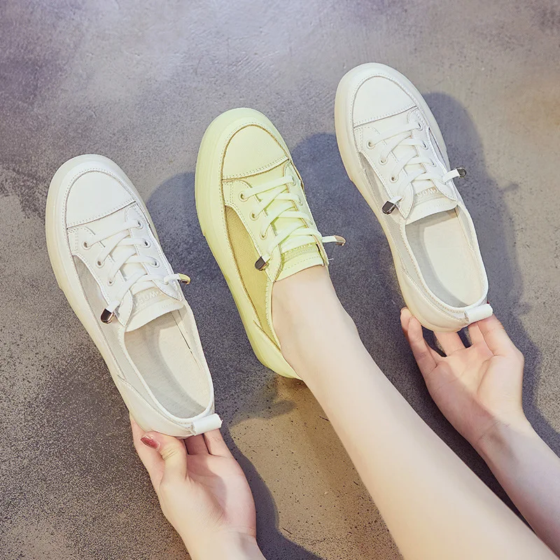 

Genuine Leather Mesh White Shoes Women's 2019 Summer Versatile Shoes Online Celebrity Summer Breathable Shoes Slip-on Pumps