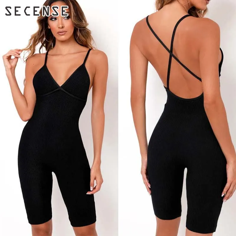 Women's Playsuits Sexy Deep V Neck Sleeveless Bodycon Backless Ribbed Knitting Jumpsuit Sports Leisure Crossed Back Rompers |