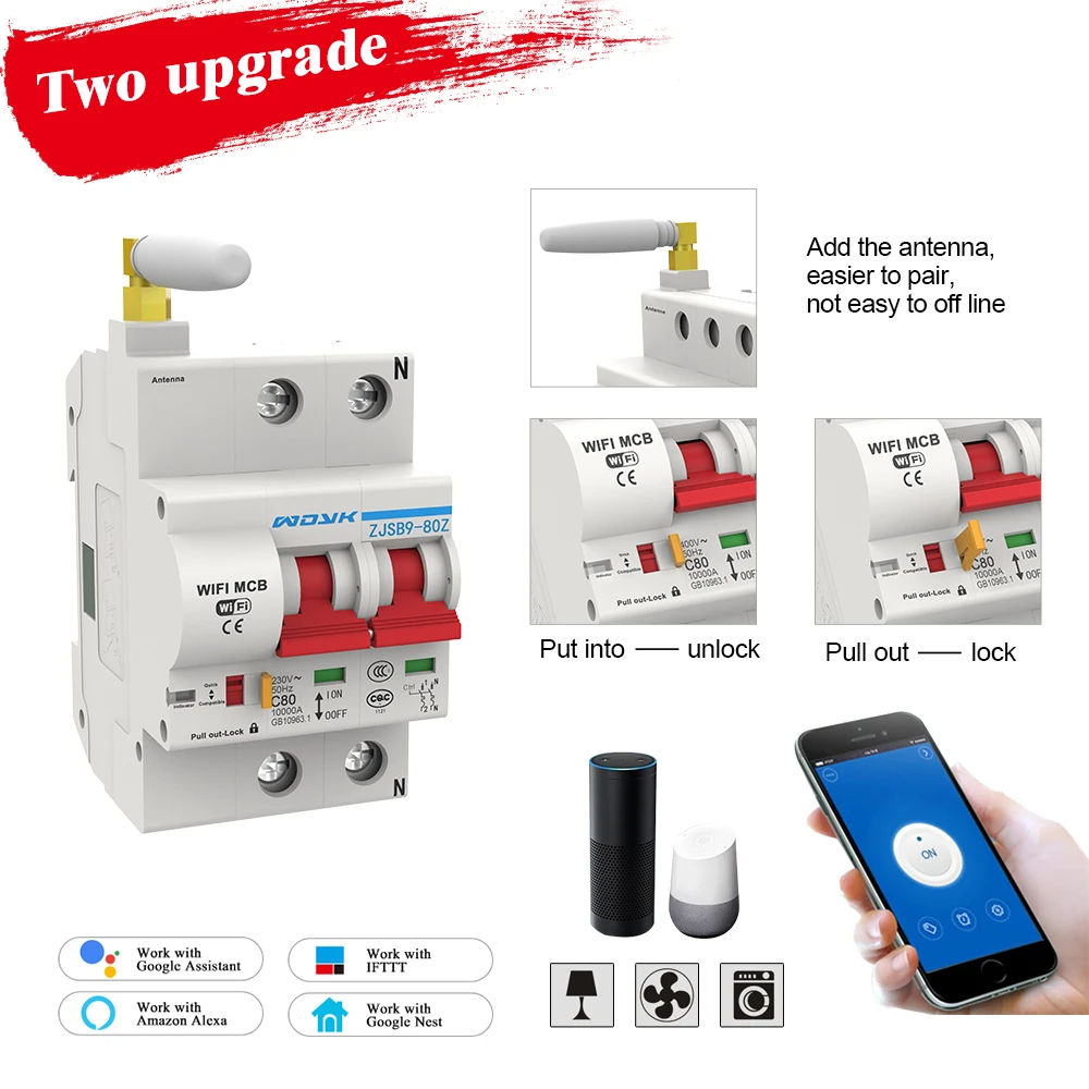 

110V 2P WiFi Smart Circuit Breaker Automatic recloser overload and short circuit protection for Amazon Alexa and Google home
