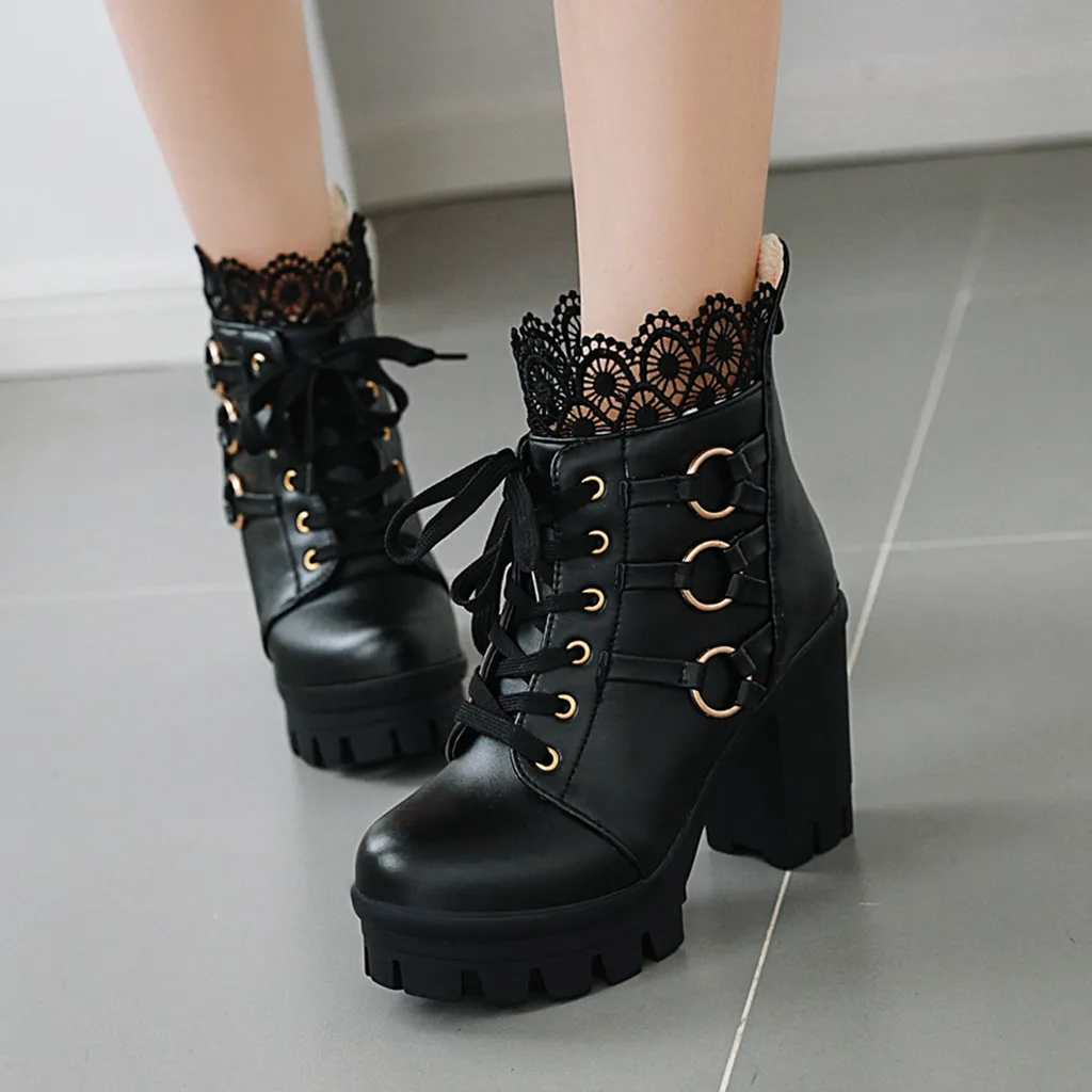 Fashion Winter Lace Pure Color High-Heeled Women Ankle Boots Party Shoes women Platform Keep Warm genuine leather Snow boots | Обувь