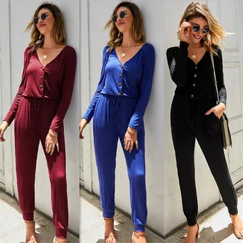 

Autumn Casual Jumpsuits Women Clothing 2020 V Neck Long Sleeve Elastic Waist Button Pockets Black Overalls Slim Lady Playsuits