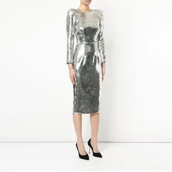 

Latest Fashion Trendy Chic shiny Silver Long Sleeve Women Party Sequin Midi Dress Celebrity Cocktail ladies Wholesale Oline