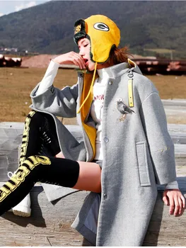 

Spring Autumn Women Casual Loose Brief Woolen Long Jacket Ladies Vintage Embroidery Removable Hooded Grey Woolen Coat With Belt