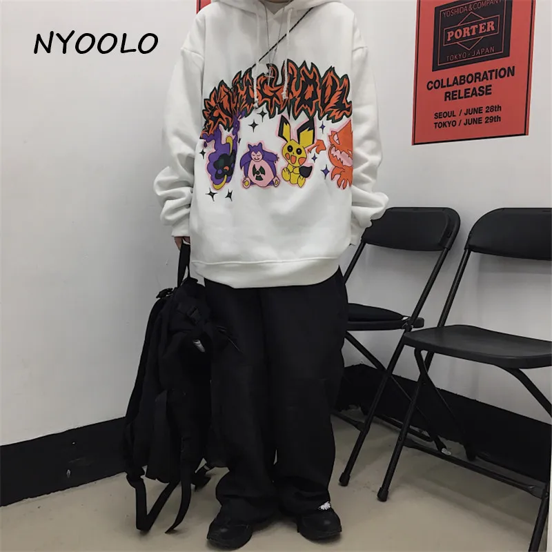 NYOOLO Harajuku стиль мультфильм буквы печати плюс бархат теплые толстовки Осень Зима Свободный пуловер толстовка с капюшоном для женщин мужчин