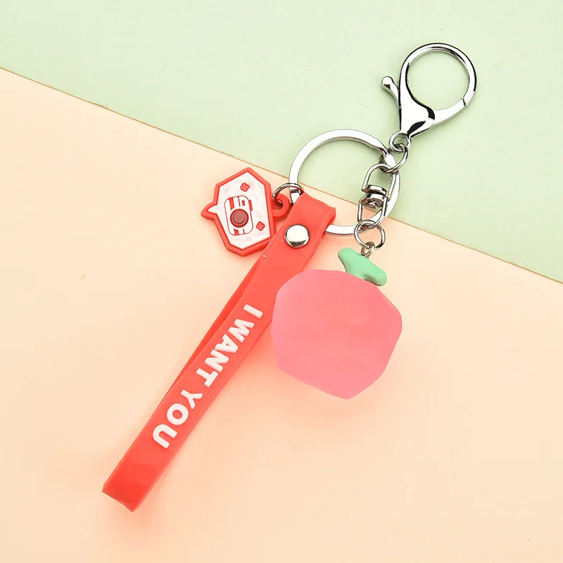 

2019 Cartoon Acrylic Fruit Keychain Geometric Pear Strawberry Pineapple Keyring with Bell Pendent for Girl Women Bag Car Pendant