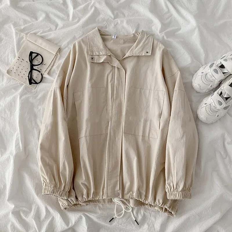 여성용 기본 재킷, 턴다운 칼라 지퍼, 하라주쿠 탄성 BF 시크 얼짱, 느슨한 한국 스타일, 멋진 스트리트웨어, 캐주얼 아우터