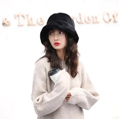 

Fisherman Women's autumn and winter Plush basin hat Korean version monochrome flat top wide eaves leisure fashion thick fur