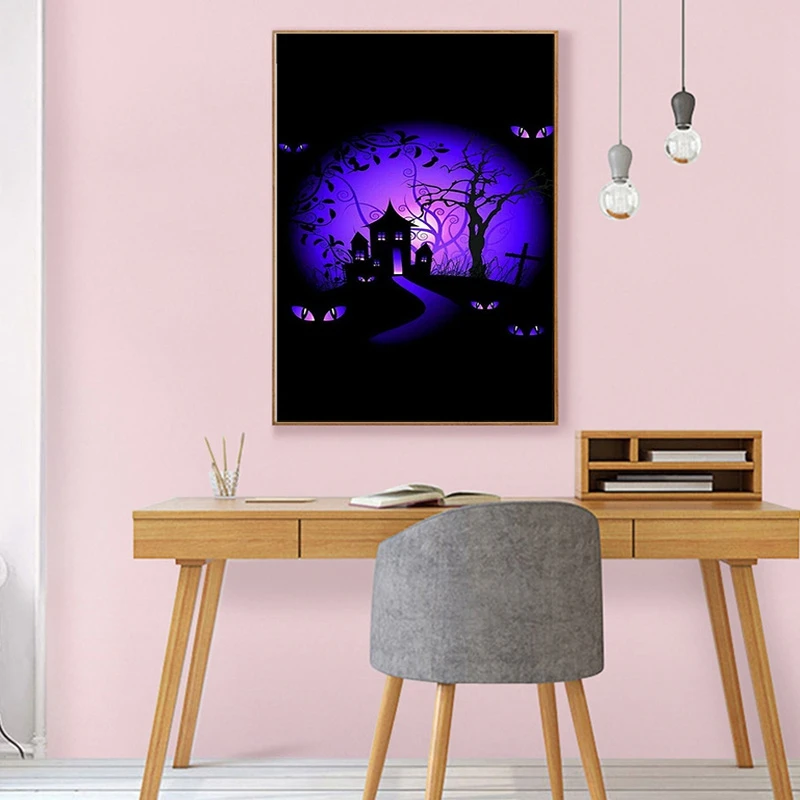 

5D Diamond Embroidery Black Forest Full Round Diamond Painting Bat Castle Home Decoration Mosaic Halloween Gift