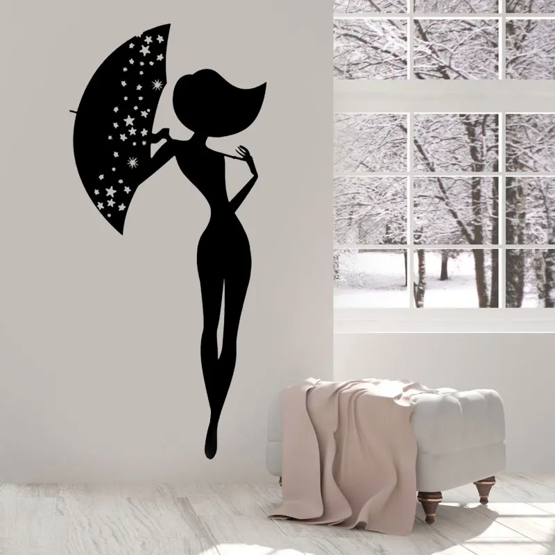 

Beauty Girl Woman With Umbrella Pretty Romantic Love Wall Stickers Vinyl Home Decor Girls Room Decals Self Adhesive Murals A384