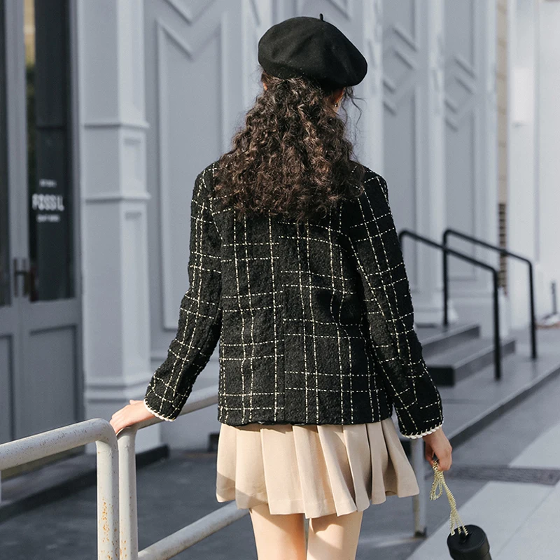 PERHAPS U women black tweed o neck short jacket spring autumn winter long sleeve pocket button vintage elegeant pocket C0212