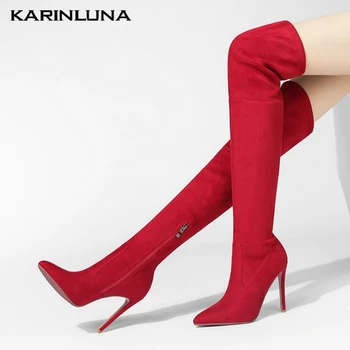 

Dropship Hot Sale High Heels winter autumn woman boots Flock Zip Thin Heels Pointed Toe Over-the-knee Boots Short Plush