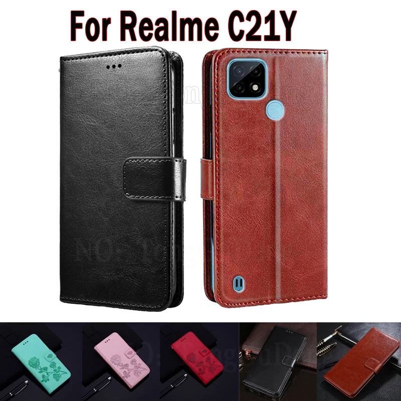 Чехол-книжка для Realme C21Y, кожаный, с магнитной застежкой