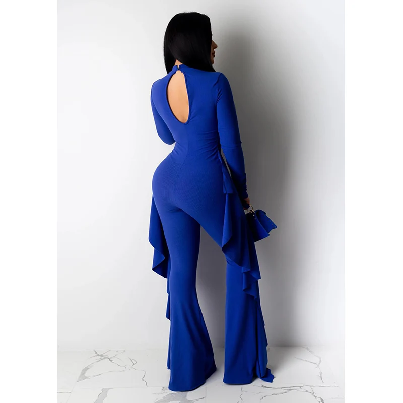 Модный трикотажный ребристый комбинезон с оборками, длинный широкий комбинезон с длинным рукавом и открытой спиной, женский комбинезон, однотонный синий, черный, осенне-зимняя одежда