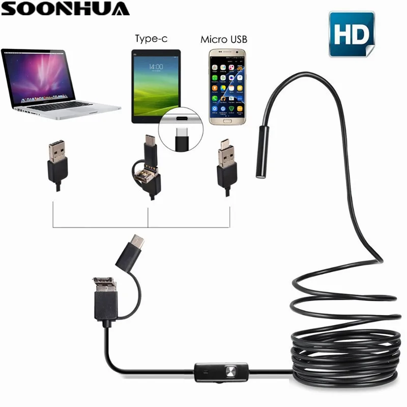 

New 3IN1 Mini Endoscope Type-C Micro USB PC Inspection Eorescope Camera 8mm Waterproof Endoscopes 2.0 MegaPixel Dropshipping