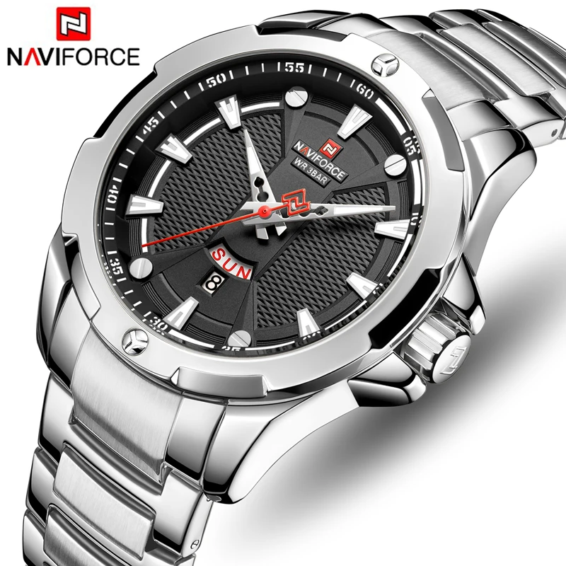 Online Reloj de pulsera de cuarzo resistente al agua para hombre, negro y plateado de acero inoxidable, de marca de lujo, para NAVIFORCE