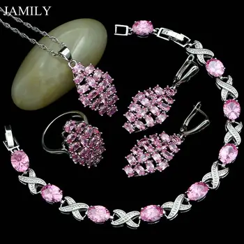 

Fashion 925 Sterling Silver Bridal Jewelry Sets For Women Pink Topaz Dangle Earrings/Pendant/Ring/Necklace/Bracelet