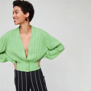 

Hugcutar long lantern sleeve V-neck zip-up tops 2019 autumn winter women fashion streetwear coats sweaters