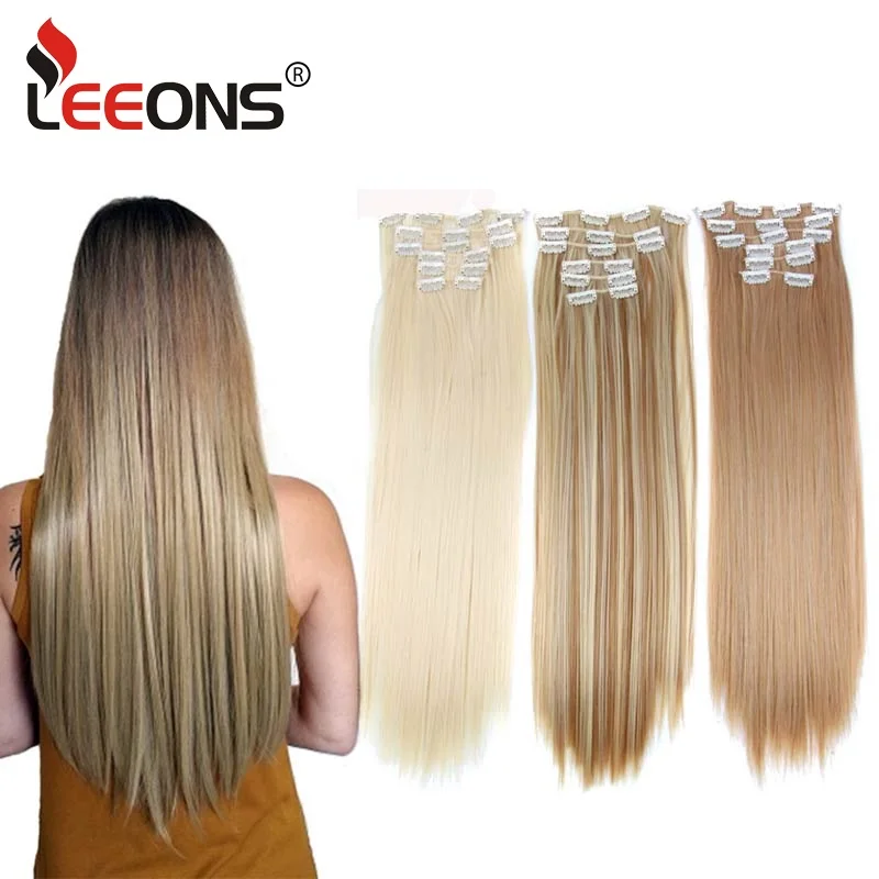 Leeons 16 цветов 16 зажимы длинные прямые синтетические волосы наращивания зажимы в высокая температура волокно черный блонд шиньон