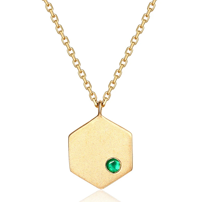 

Delicate 14K Pure Real Rose Gold Hexagon Genuine Emerald Pendant Necklace for Women Girl Fancy Gemstone Charm Fine Jewelry Gift