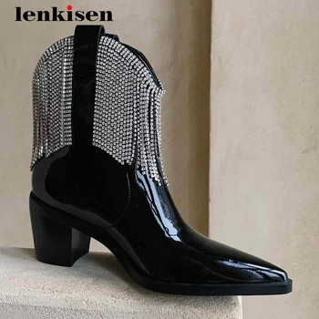 

Lenkisen cow patent leather fringe rhinestone bling nightclub shiny thick high heel pointed toe slip on gorgeous ankle boots L40