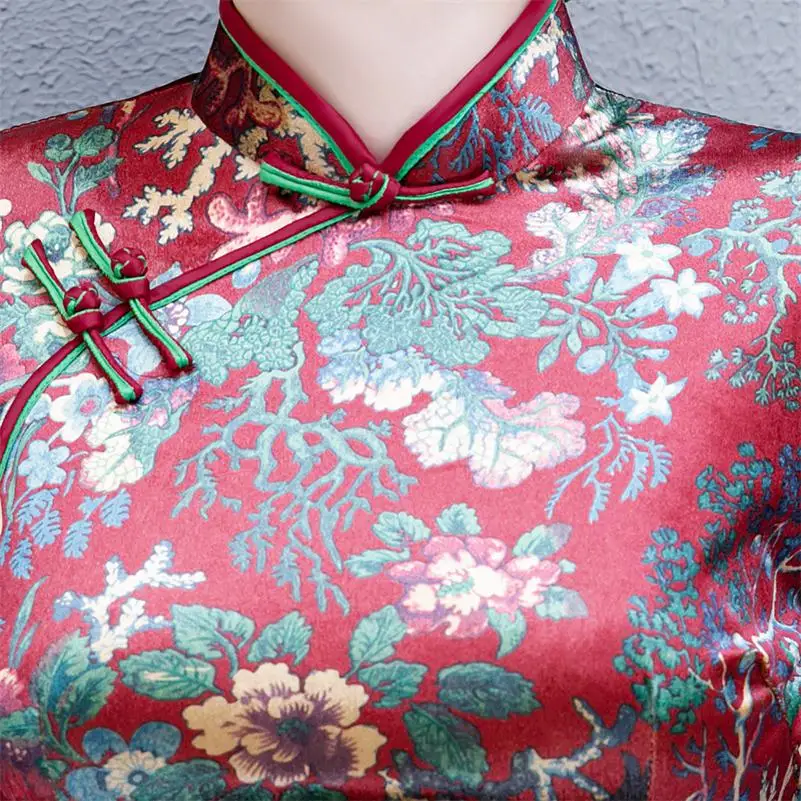 Винтаж ручной работы Кнопка Cheongsam 2 шт. Комплект женский традиционный цветочный принт Qipao Мода Атлас qipao Vestidos