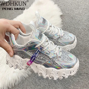 

Spring Women's Chunky Sneakers Fashion Women Platform Shoes Bling Sequined Lace-Up Vulcanize Shoes Female Trainers Dad Shoes