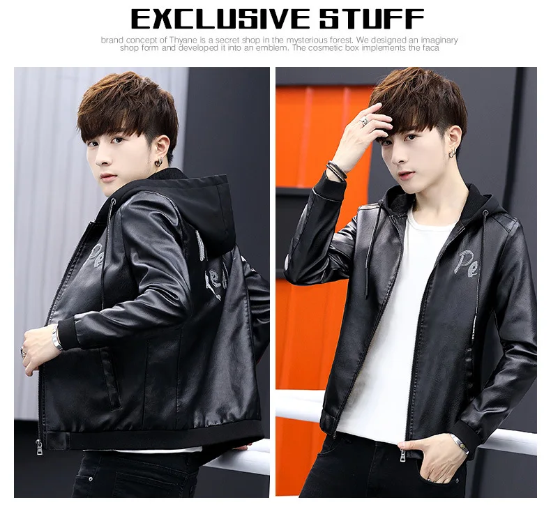 Men Hooded PU Leather Autumn New Style Korean-style Slim Fit Fashion Men'S Wear Teenager Leather Jacket Coat Fashion