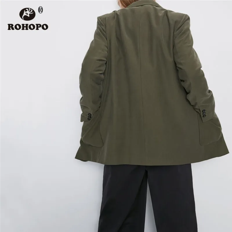 ROHOPO Notched Collar Double Buttons Fly Army Green Blazer Side Welted Pockets Buttons Cuff Solid Straight Ladies Outwear #2314 ROHOPO Notched Collar Double Buttons Fly Army Green Blazer Side Welted Pockets Buttons Cuff Solid Straight Ladies Outwear #2314