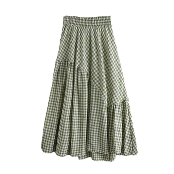 

2020 Plaid Printed Skirts Women Clothes Fashion Casual Summer High Waist Irregularity Geometric Pleated A-line Skirt Saia W413