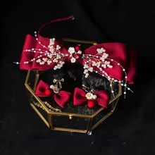 Black Red White Korean Bridal Bow Hair Band Earrings Beaded Bridal Headpiece Wedding Accessories Hair Bride