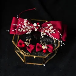 Black Red White Korean Bridal Bow Hair Band Earrings Beaded Bridal Headpiece Wedding Accessories Hair Bride