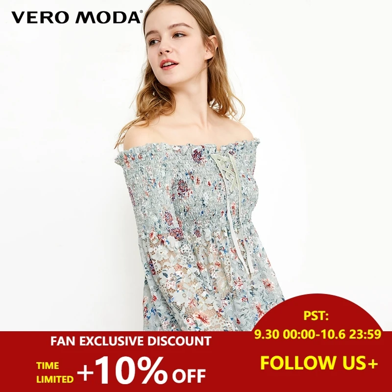 

Vero Moda Women's Summer Elasticized Boat Neck Off-shoulder Laced Wrist Sleeves Tops Shirt | 318302502