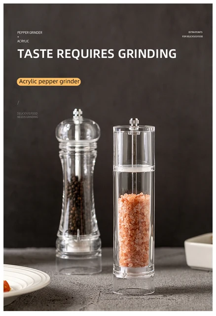 Clear Acrylic Pepper Grinder，Refillable Salt Pepper Mill Shaker Kitchen  Supplies for Sea Salt, Peppercorn - 6 inches